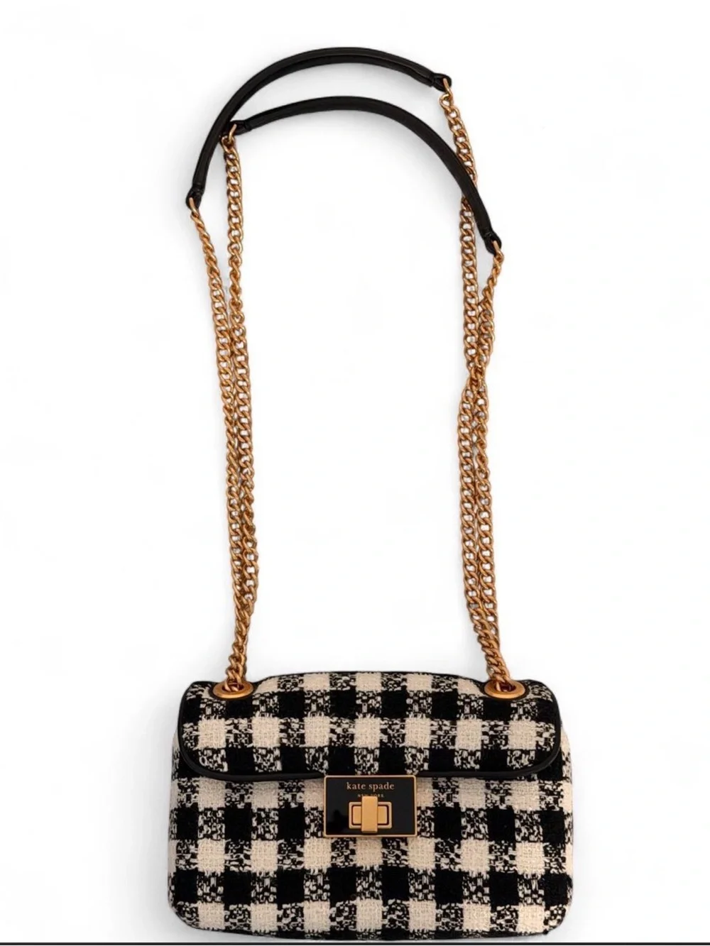 kate spade Black and Cream Check Crossbody with Gold Chain